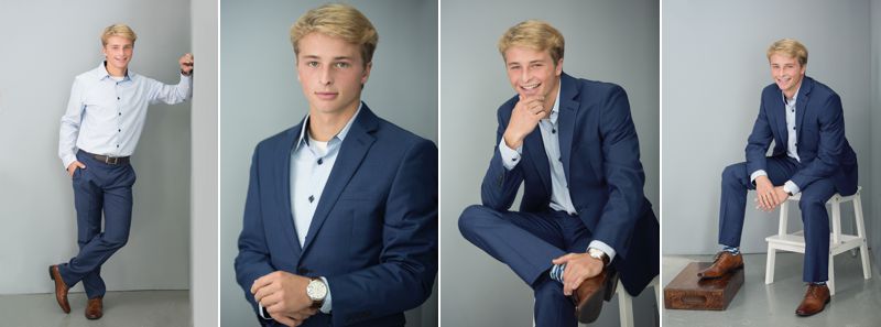 4 pictures of a high school boy in a blue suit