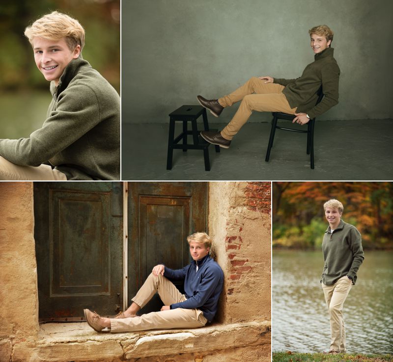4 pictures of a high school senior boy in a green sweater