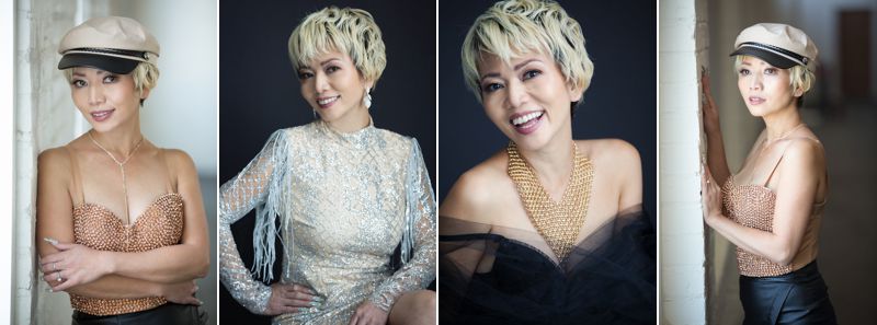 Four portraits of an Asian woman in glamorous dresses